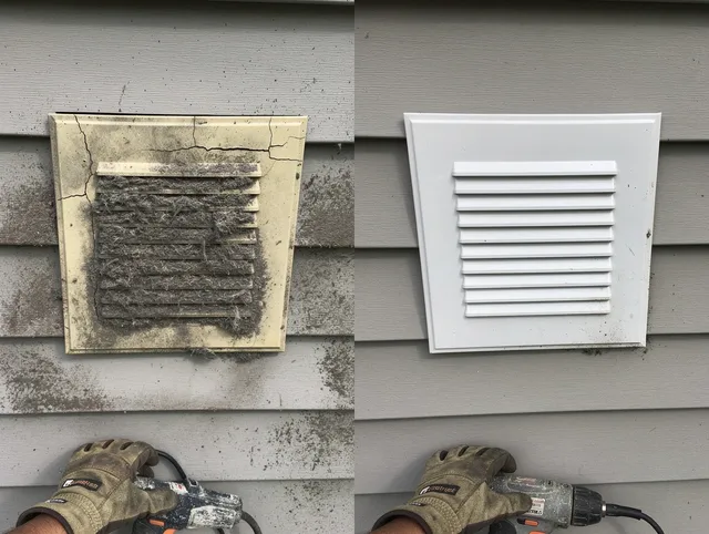 Bellflower Dryer Vent Cleaning technician installing high-quality dryer vent cover at a residential property in Bellflower