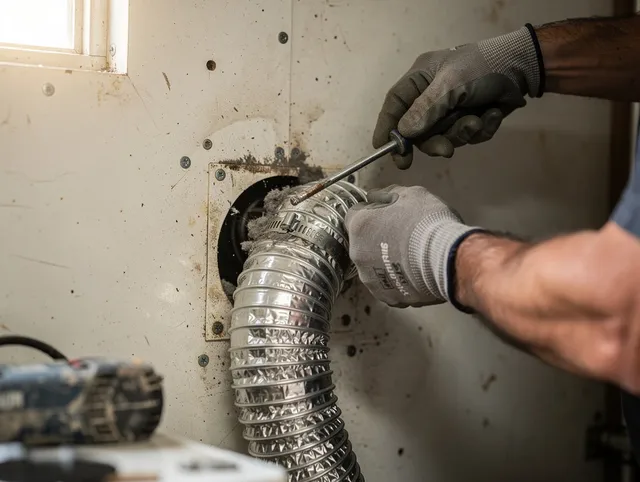 Bellflower Dryer Vent Cleaning technician performing precise dryer vent hose installation in Bellflower